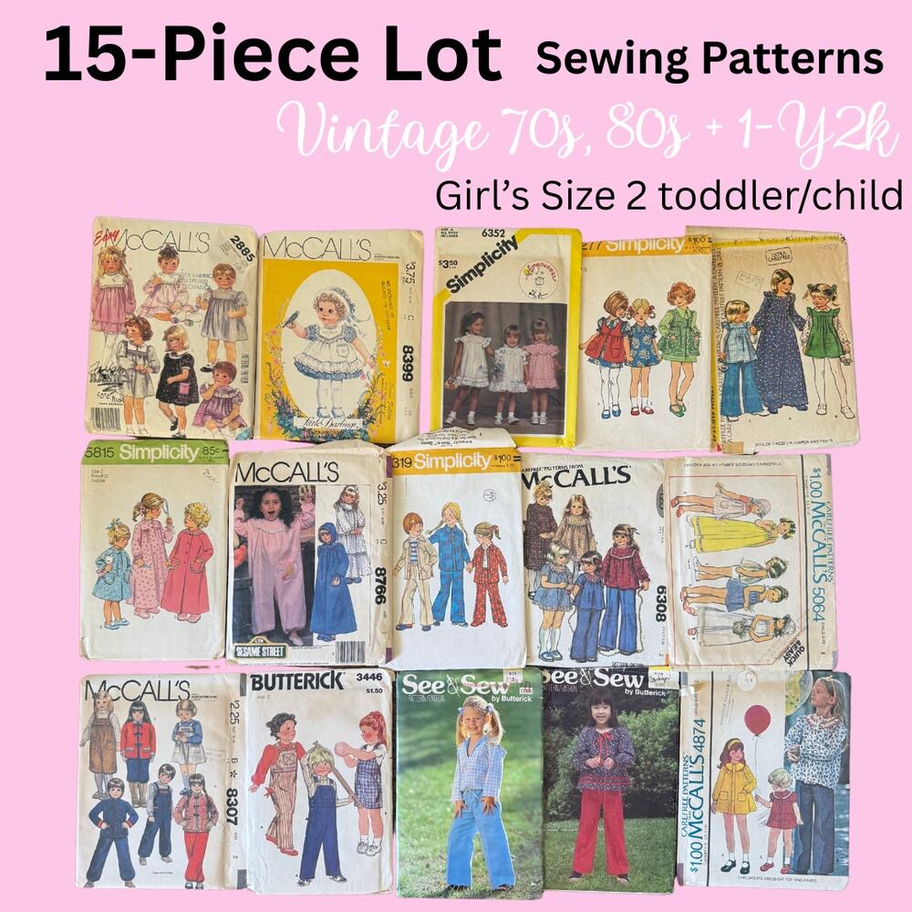 15 Piece Lot Toddler Girl Child Size 2 Vintage Sewing Pattern 70s 80s Y2k dress
